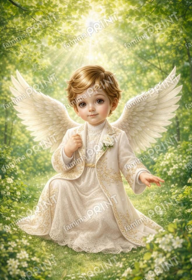 木漏れ日の下で祝福して微笑む天使