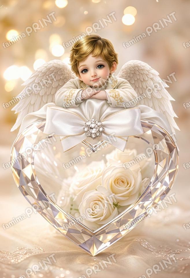 ハートの上で祝福する天使（バラ）