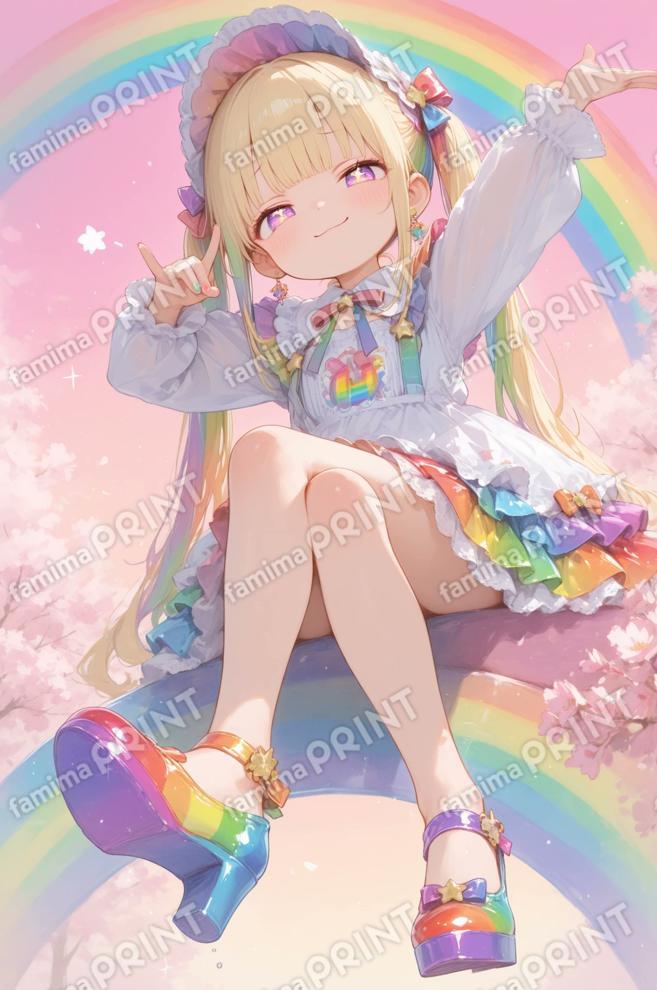 虹の橋に腰かける虹の少女