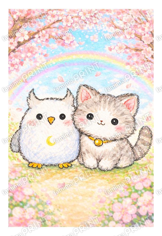 シロフクロウと子猫のお花見