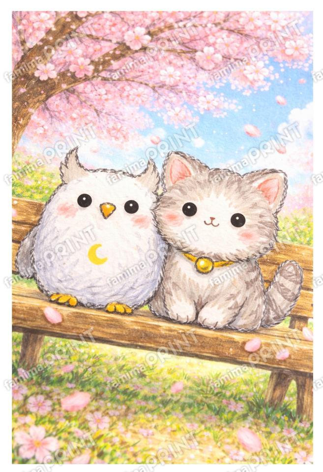 シロフクロウと子猫のベンチで休憩