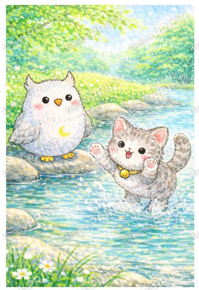 シロフクロウと子猫の川遊び