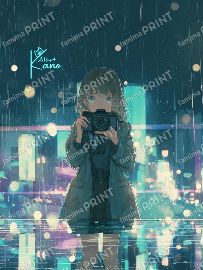 雨の中のフォトグラファーガール。