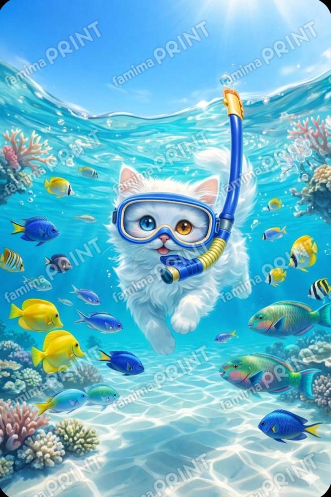 南の島の海で泳ぐ猫