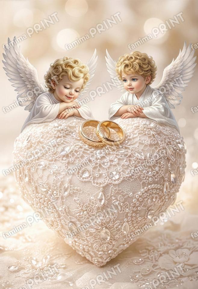 ハートの上で祝福する子供の天使達