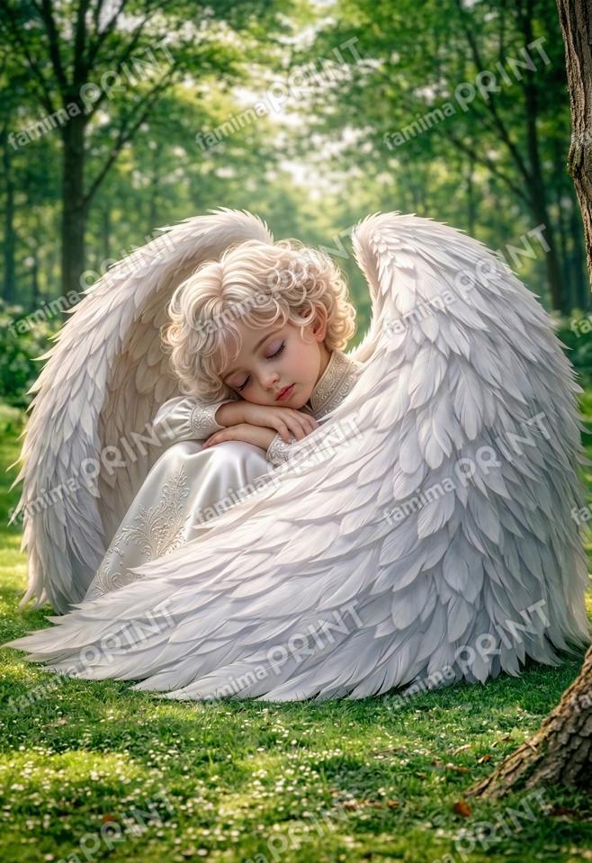 森の木漏れ日で翼にくるまり眠る少女の天使