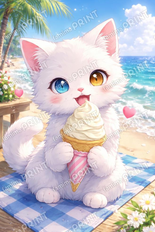 ソフトクリームを食べる白猫