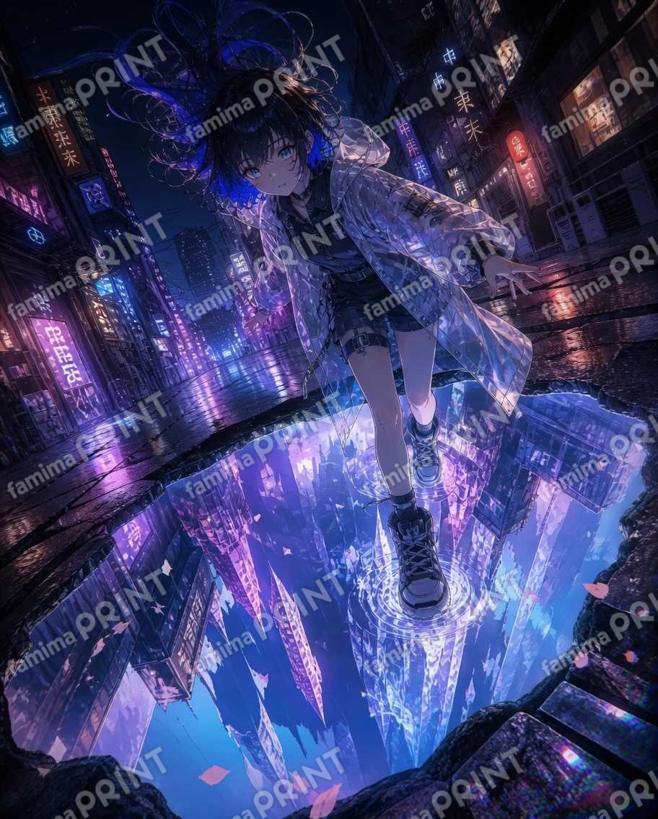水溜りに映るサイバー都市の入り口