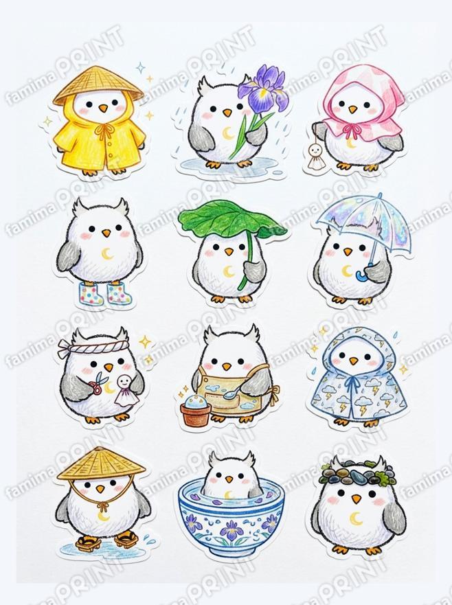 シロフクロウの梅雨のイラスト
