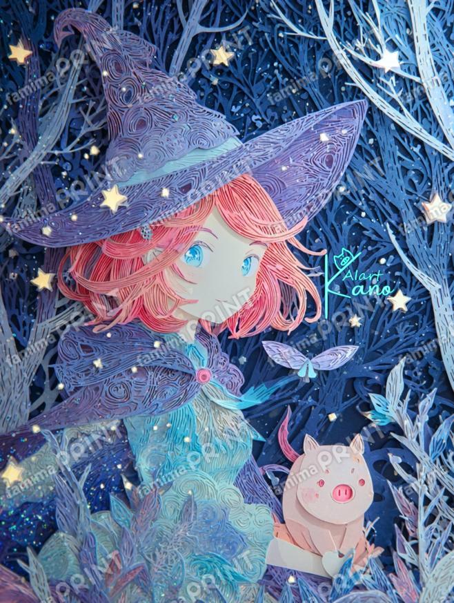 魔女と使い魔の切り絵。