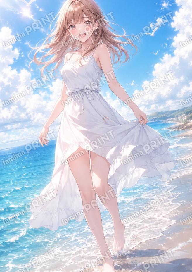 海辺の白ワンピ
