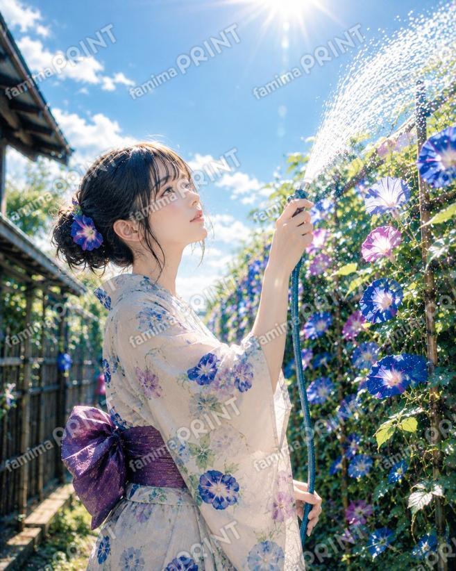 アサガオと女性