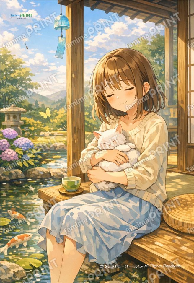 FPCL0016 縁側で猫を抱える女性