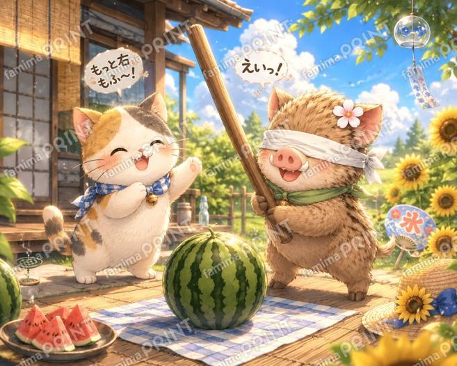 スイカ割り　もふまる＆うりどん